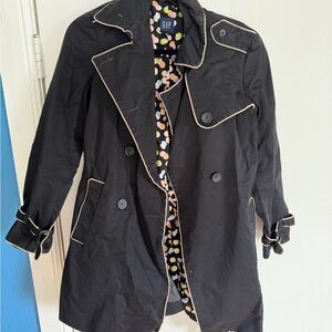 GAP Black Trench Coat with Cream Piping and Patterned Lining